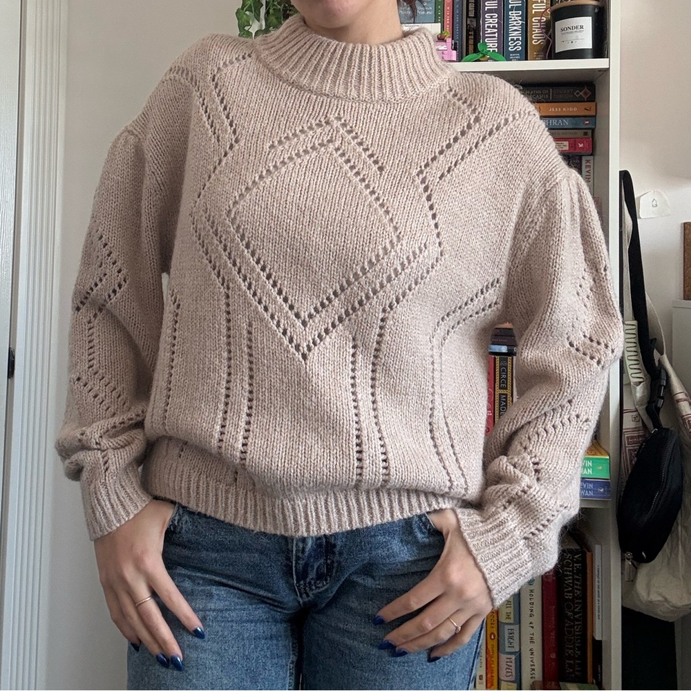 H&M Beige Open Knit Mock Neck Sweater